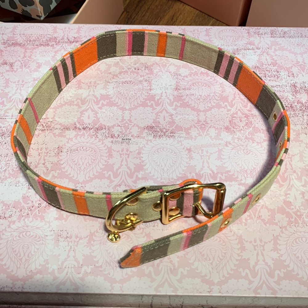 Fox & Hounds orange/pink/tan dog collar w gold hardware - Picture 1 of 4